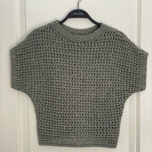 Sage Green Openwork Knit Cropped Short Sleeve Sweater Stretch XSmall